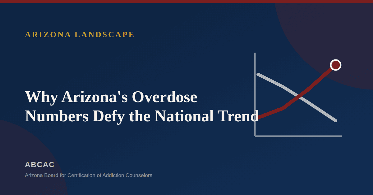 Line chart showing a national decline in overdose deaths against a rising Arizona trend