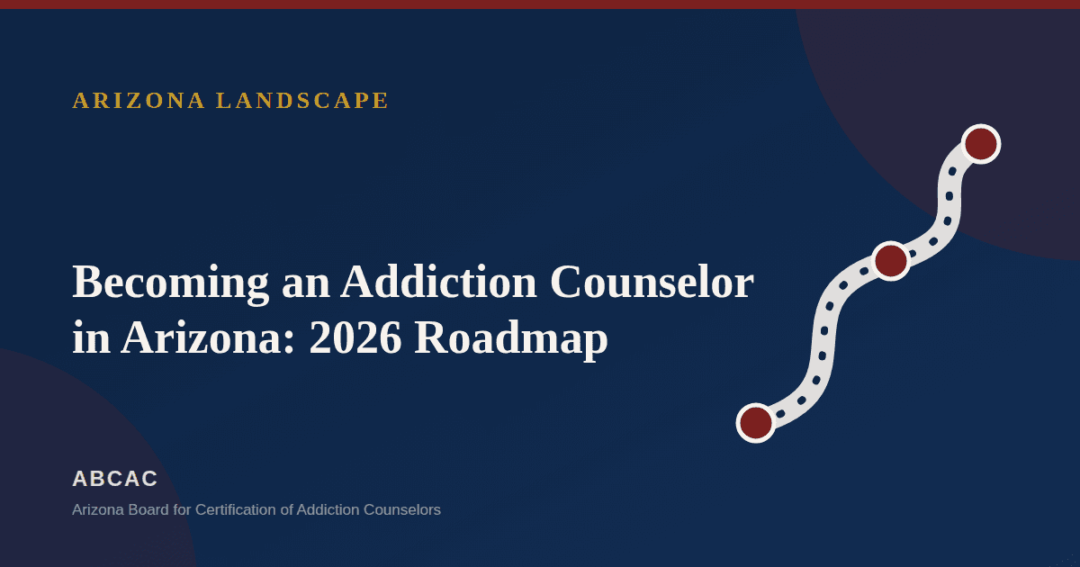 Roadmap illustration showing the steps to becoming an addiction counselor in Arizona