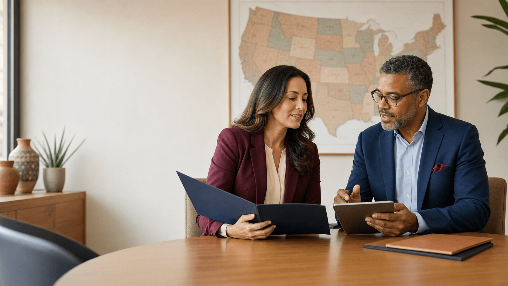 Credentialing professionals reviewing a reciprocity transfer with a United States map behind them